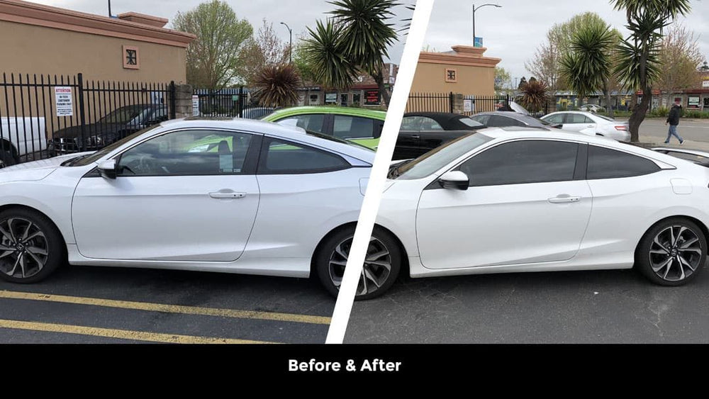 Side-by-side photographs of a white coupe before and after window tint.